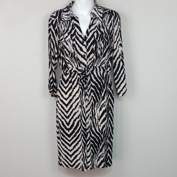 Womens Elegant Black / White Long Sleeve Zebra Pattern Midi Dress sz 8 - Picture 1 of 12